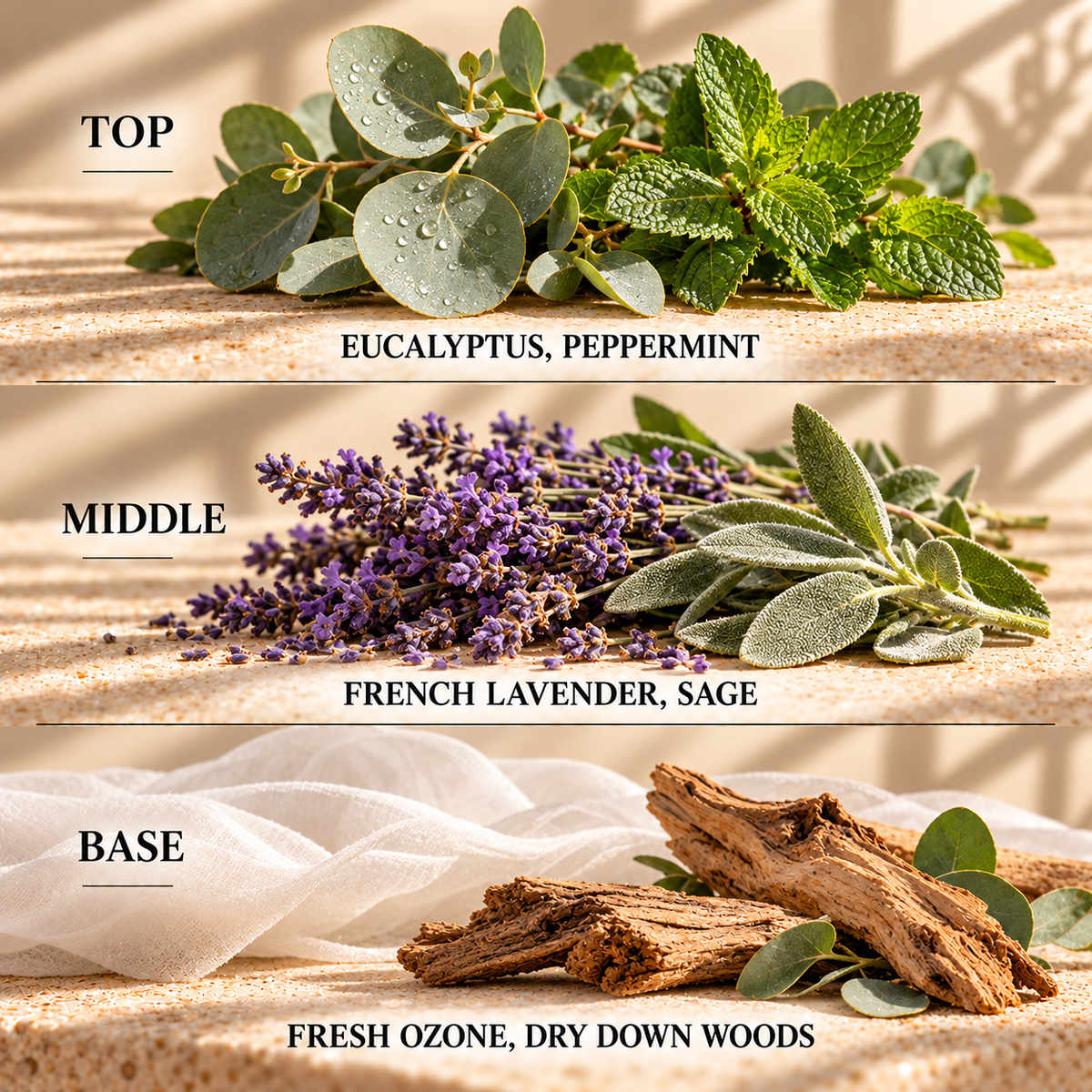 Top, middle and base scent notes for Eucalyptus & Peppermint spa inspired wax melt by Smith & Kennedy Scents
