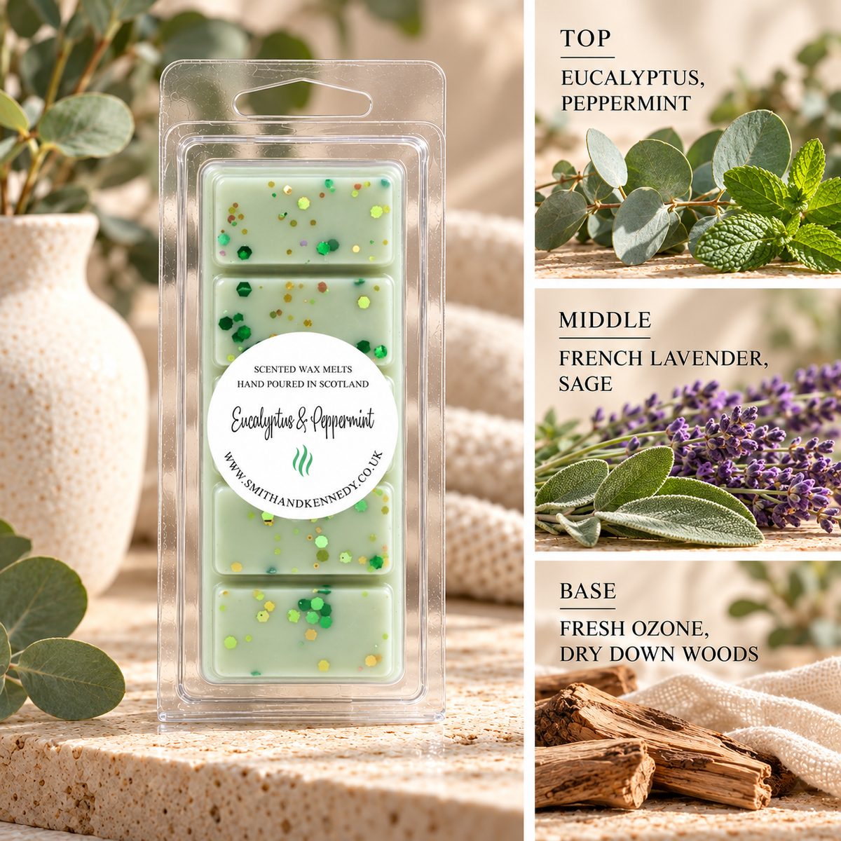 Eucalyptus & Peppermint spa inspired wax melt snap bar by Smith & Kennedy Scents