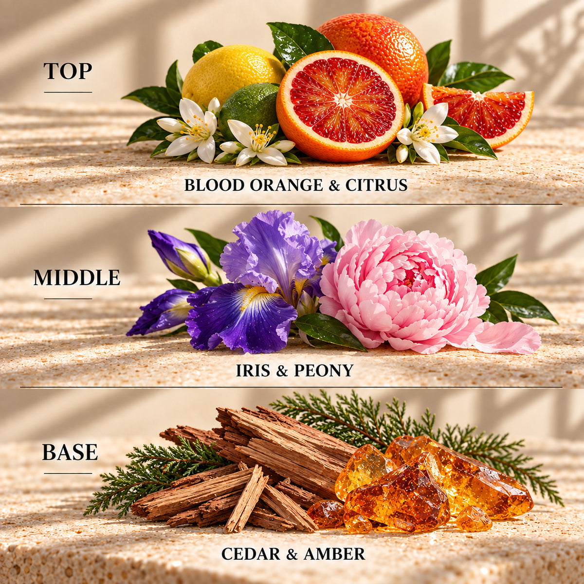 Top, middle and base scent notes for Exotic Blooms laundry inspired wax melt by Smith & Kennedy Scents