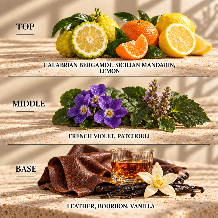 Top, middle and base scent notes for Fahrenheit aftershave inspired wax melt by Smith &amp; Kennedy Scents