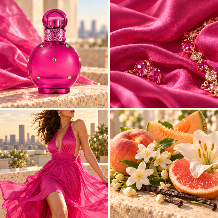 Four-panel mood board for Fantasy perfume-inspired wax melts: pink round bottle, fuchsia silk and jewels, rooftop fashion and peach with melon and white florals.