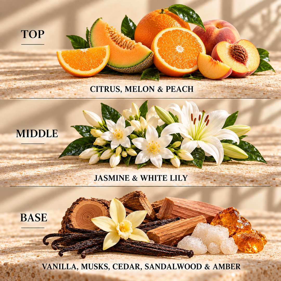 Top, middle and base scent notes for Fantasy perfume inspired wax melt by Smith &amp; Kennedy Scents