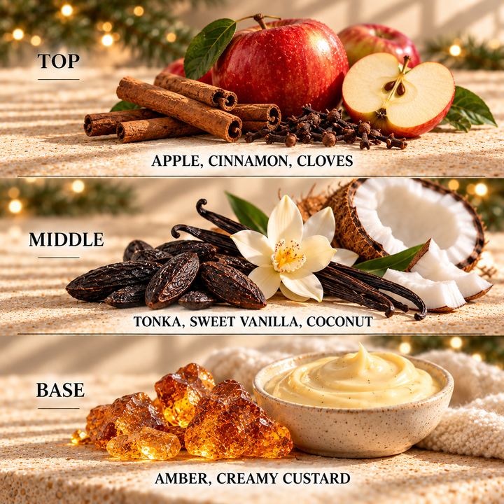 Festive Apple Pie fragrance notes: top Apple, Cinnamon, Cloves; middle Tonka, Sweet Vanilla, Coconut; base Amber, Creamy Custard