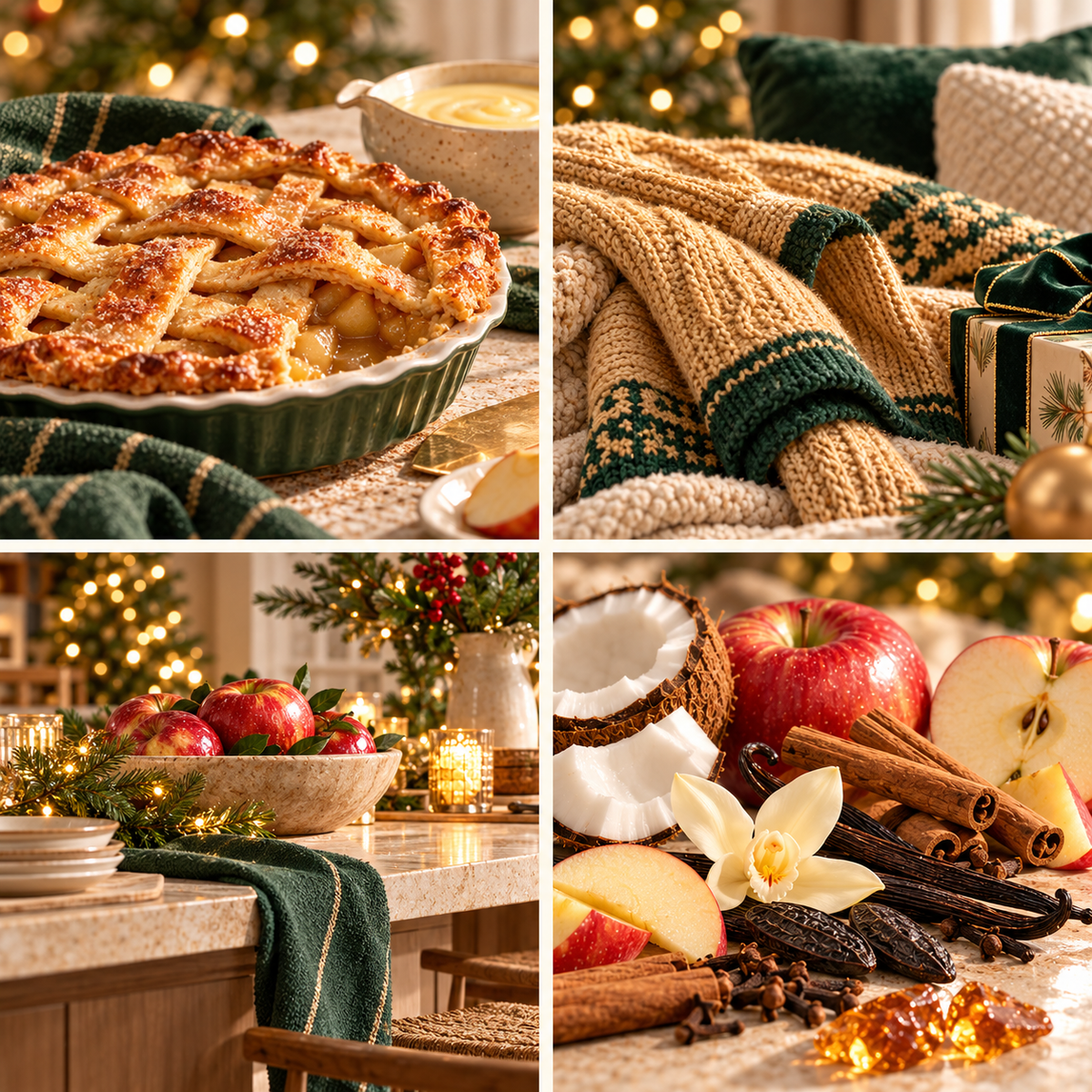 Festive Apple Pie Christmas wax melt mood board with apple pie, custard, golden knitwear and dark green details.