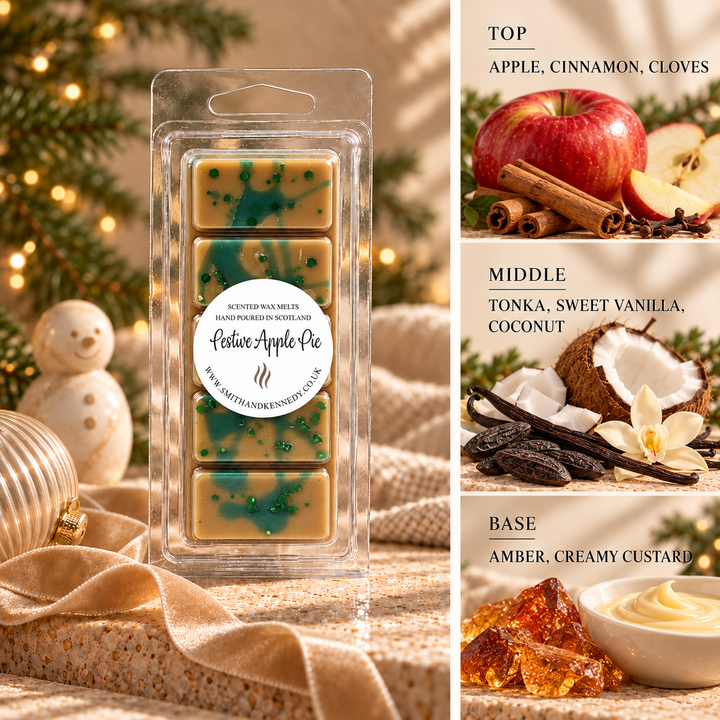 Festive Apple Pie Christmas wax melt snap bar by Smith &amp; Kennedy Scents with festive styling and fragrance notes