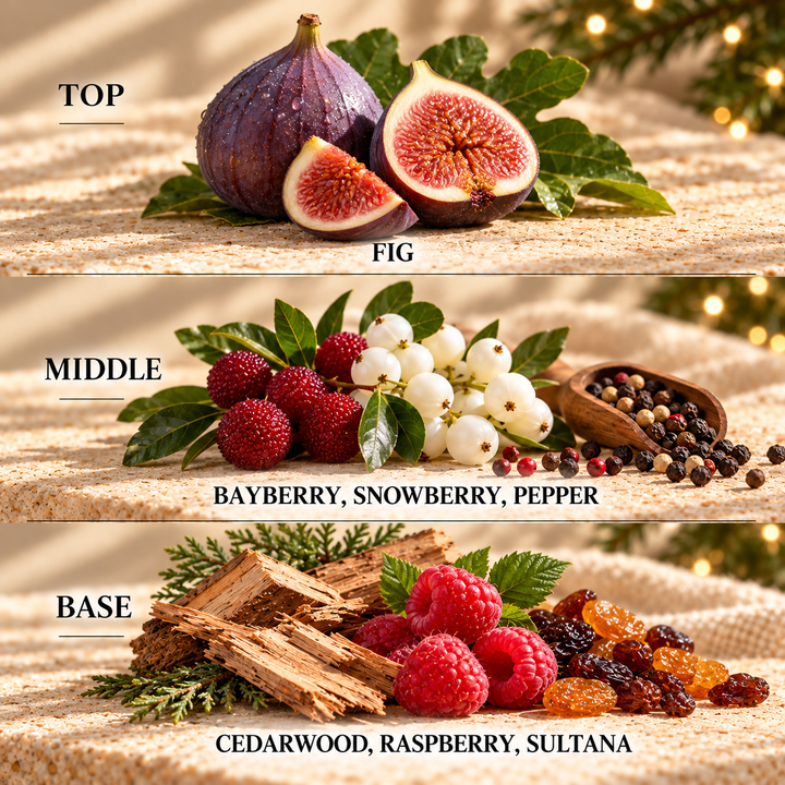 Festive Fig &amp; Snowberry fragrance notes: top Fig; middle Bayberry, Snowberry, Pepper; base Cedarwood, Raspberry, Sultana