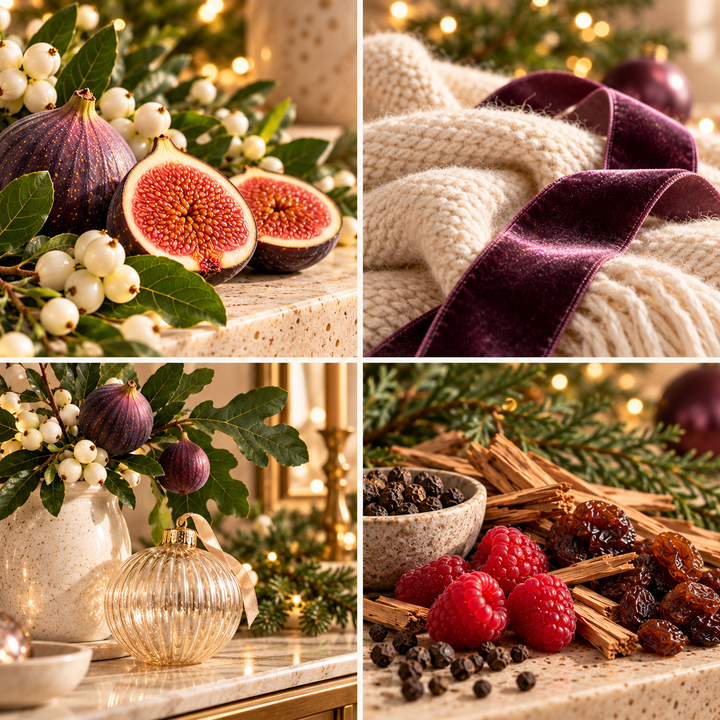 Festive Fig &amp; Snowberry Christmas wax melt mood board with figs, snowberries, plum velvet ribbon and ivory wool.