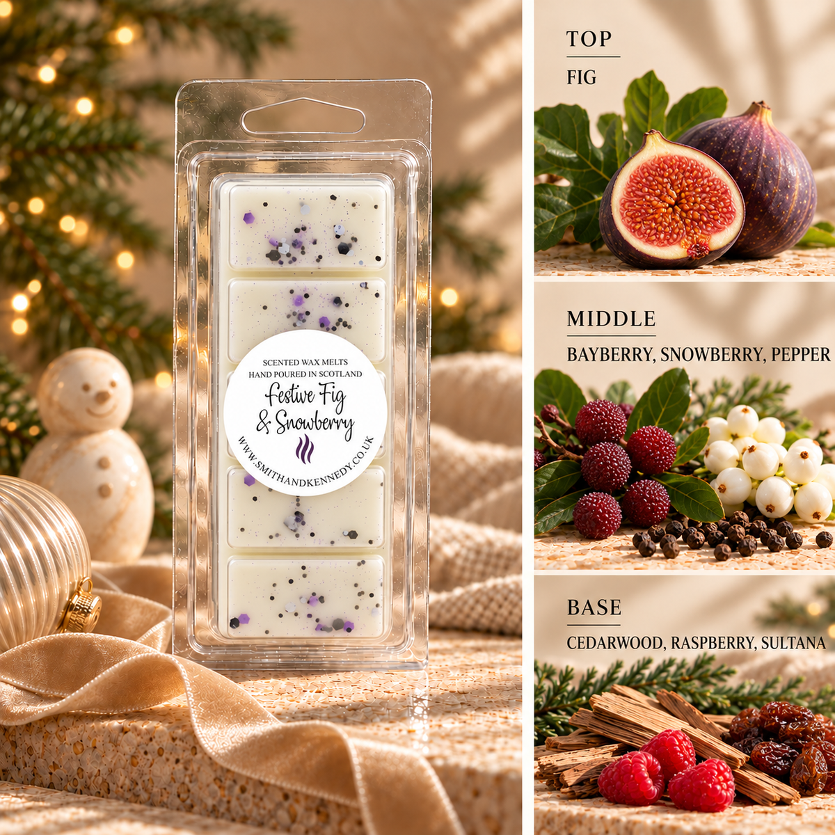Festive Fig & Snowberry Christmas wax melt snap bar by Smith & Kennedy Scents with festive styling and fragrance notes