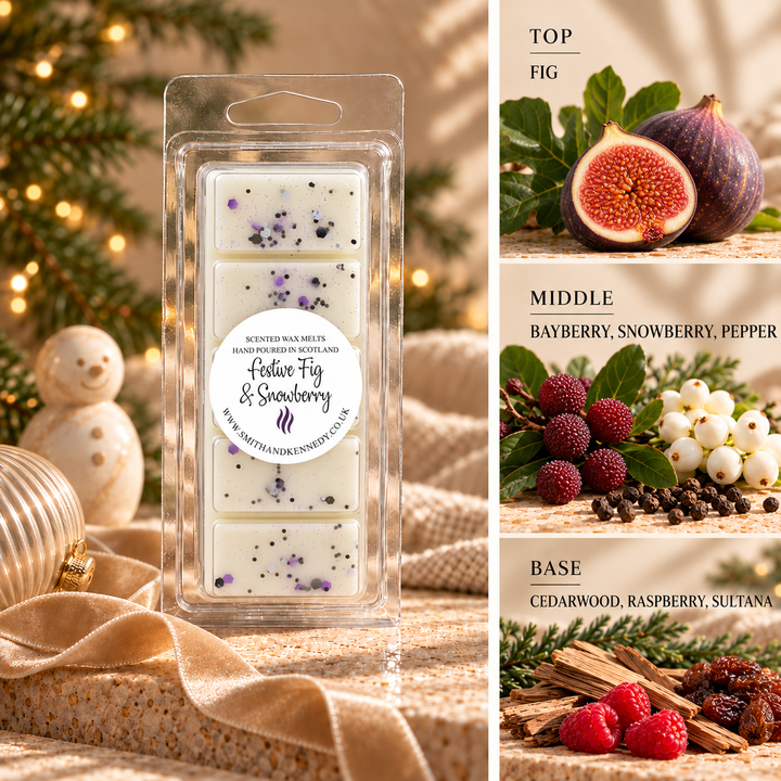 Festive Fig &amp; Snowberry Christmas wax melt snap bar by Smith &amp; Kennedy Scents with festive styling and fragrance notes