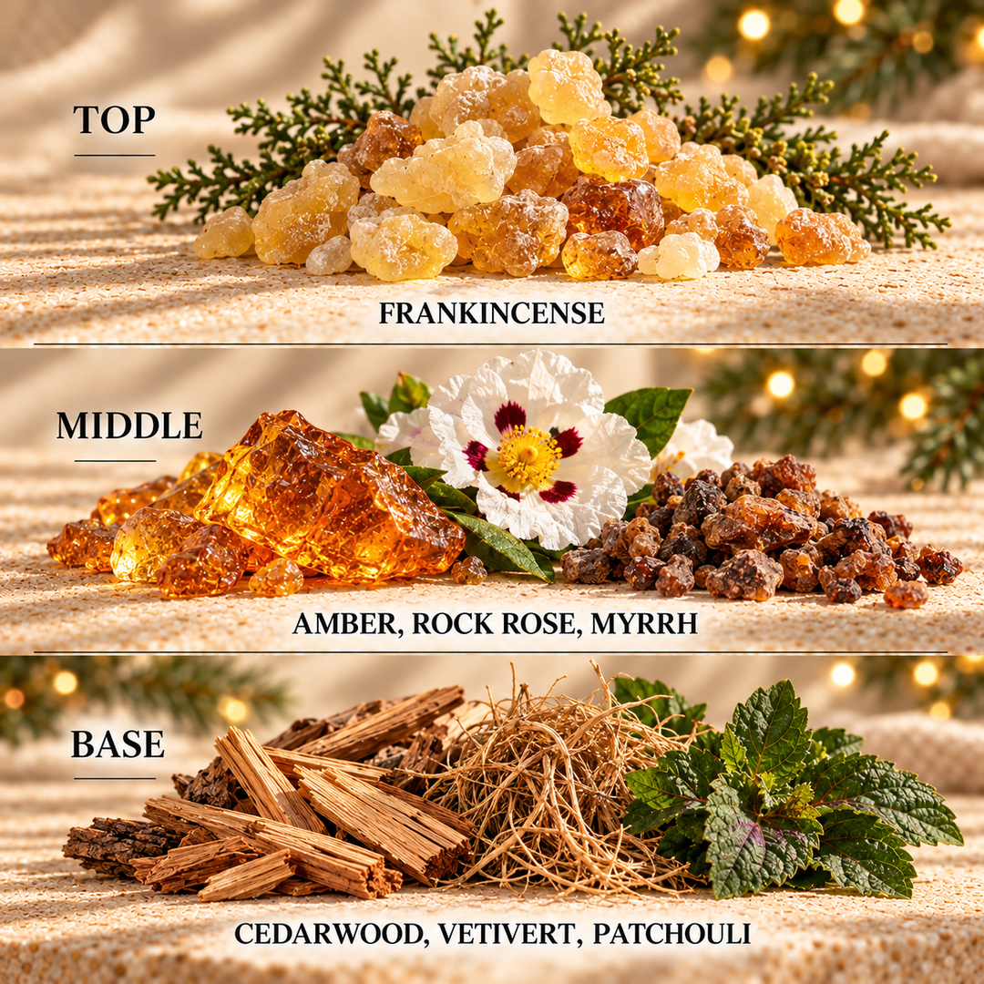 Festive Frankincense fragrance notes: top Frankincense; middle Amber, Rock Rose, Myrrh; base Cedarwood, Vetivert, Patchouli