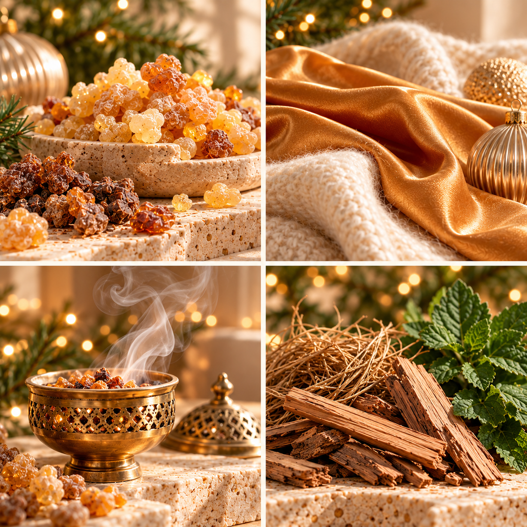 Festive Frankincense Christmas wax melt mood board with frankincense and myrrh resins, golden silk and a brass incense bowl.