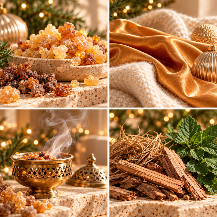 Festive Frankincense Christmas wax melt mood board with frankincense and myrrh resins, golden silk and a brass incense bowl.