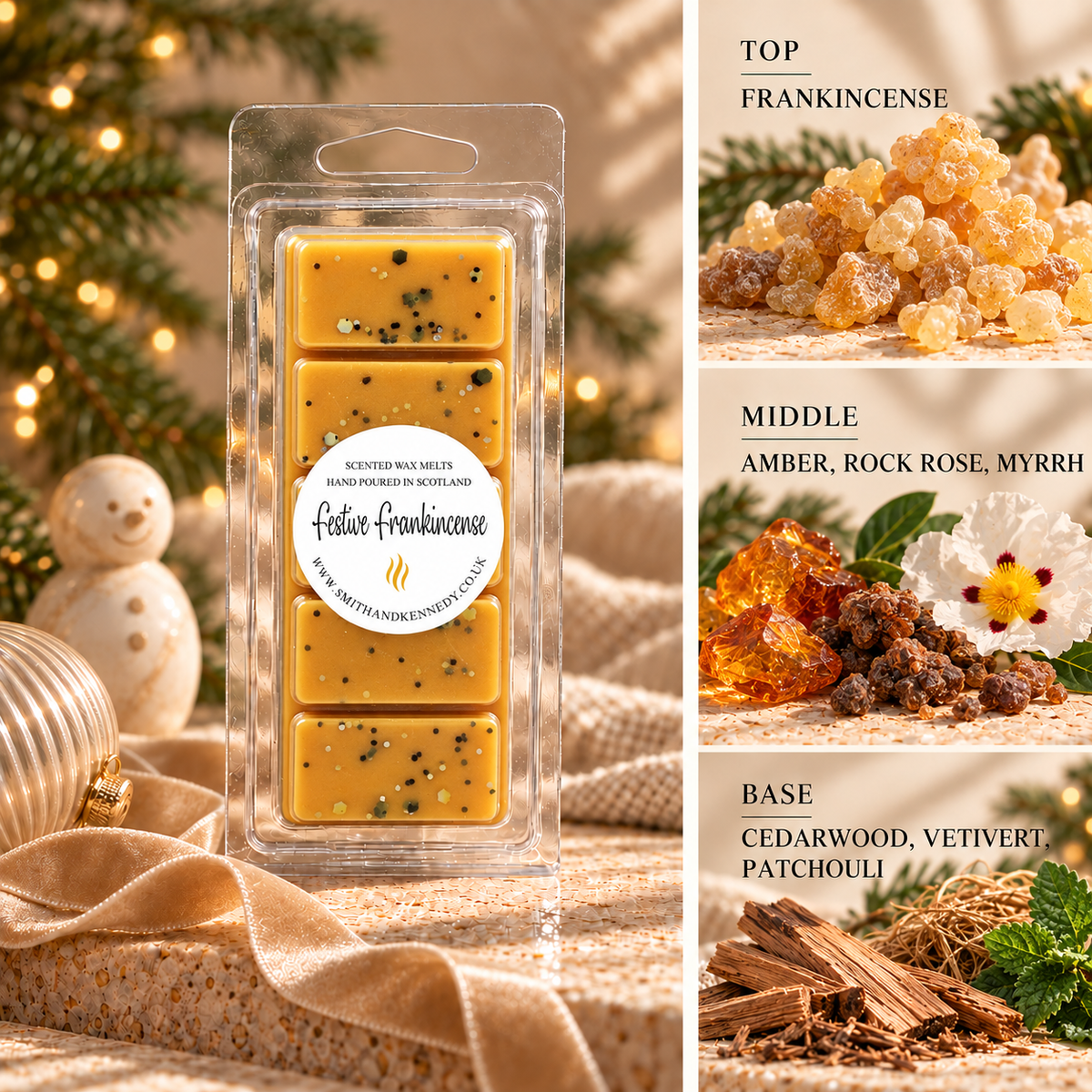 Festive Frankincense Christmas wax melt snap bar by Smith & Kennedy Scents with festive styling and fragrance notes