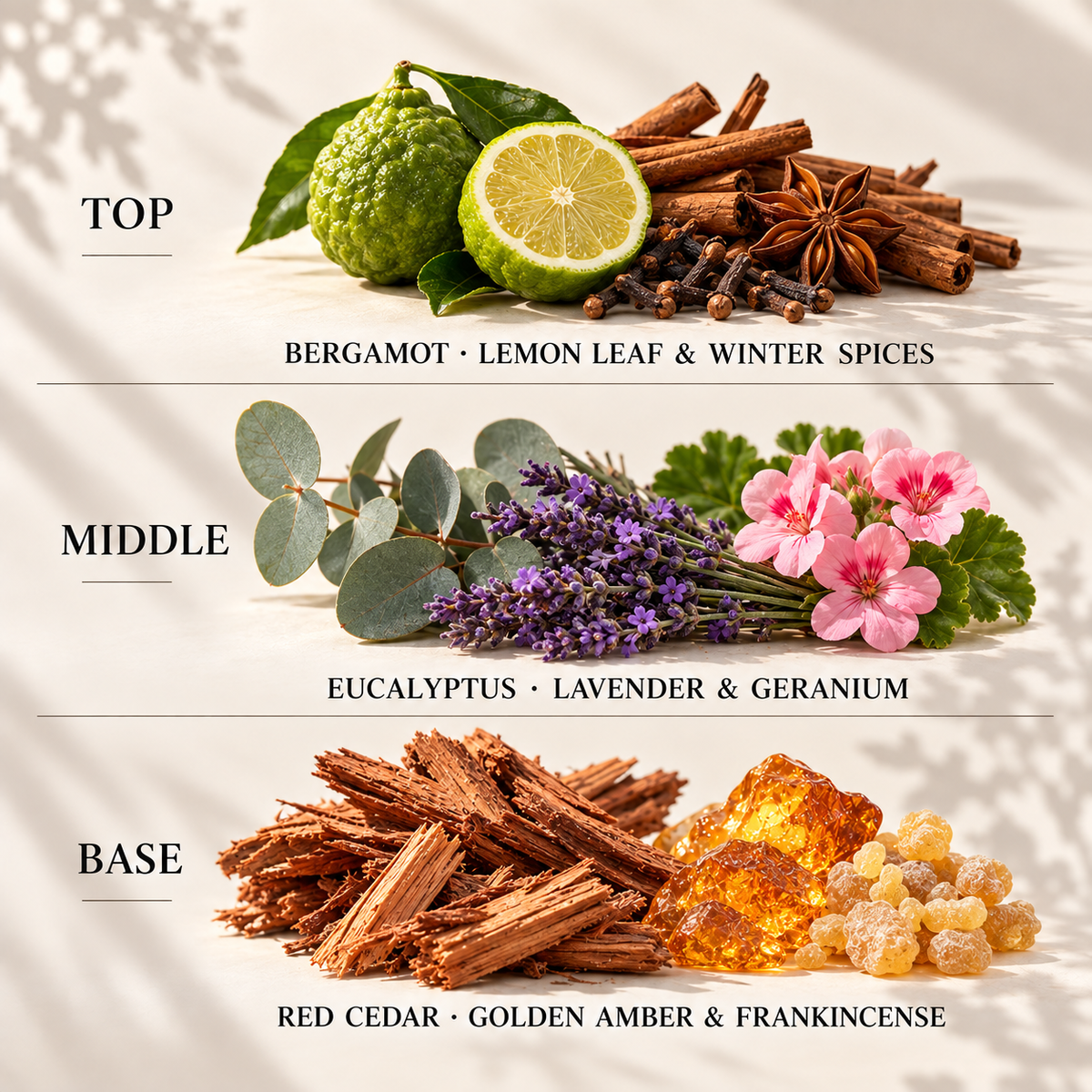 Top, middle and base scent notes for Fireside autumn inspired wax melt by Smith & Kennedy Scents