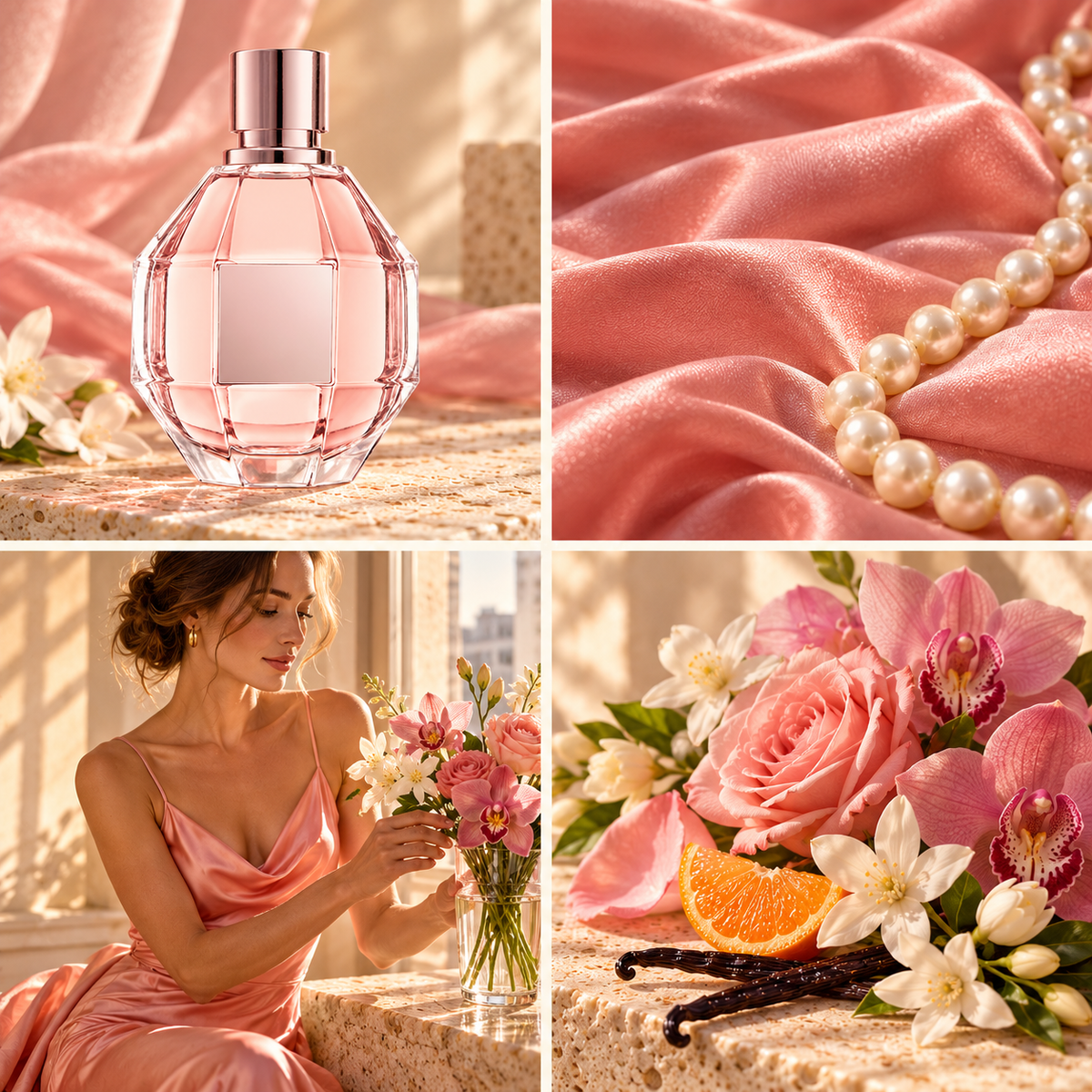 Four-panel mood board for Flower Bomb perfume-inspired wax melts: faceted pink bottle, coral silk and pearls, flower arranging and a floral citrus still life.