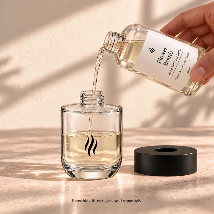 Flower Bomb reed diffuser refill poured into reusable SKS glass. Glass sold separately; refill includes seven fibre reeds.