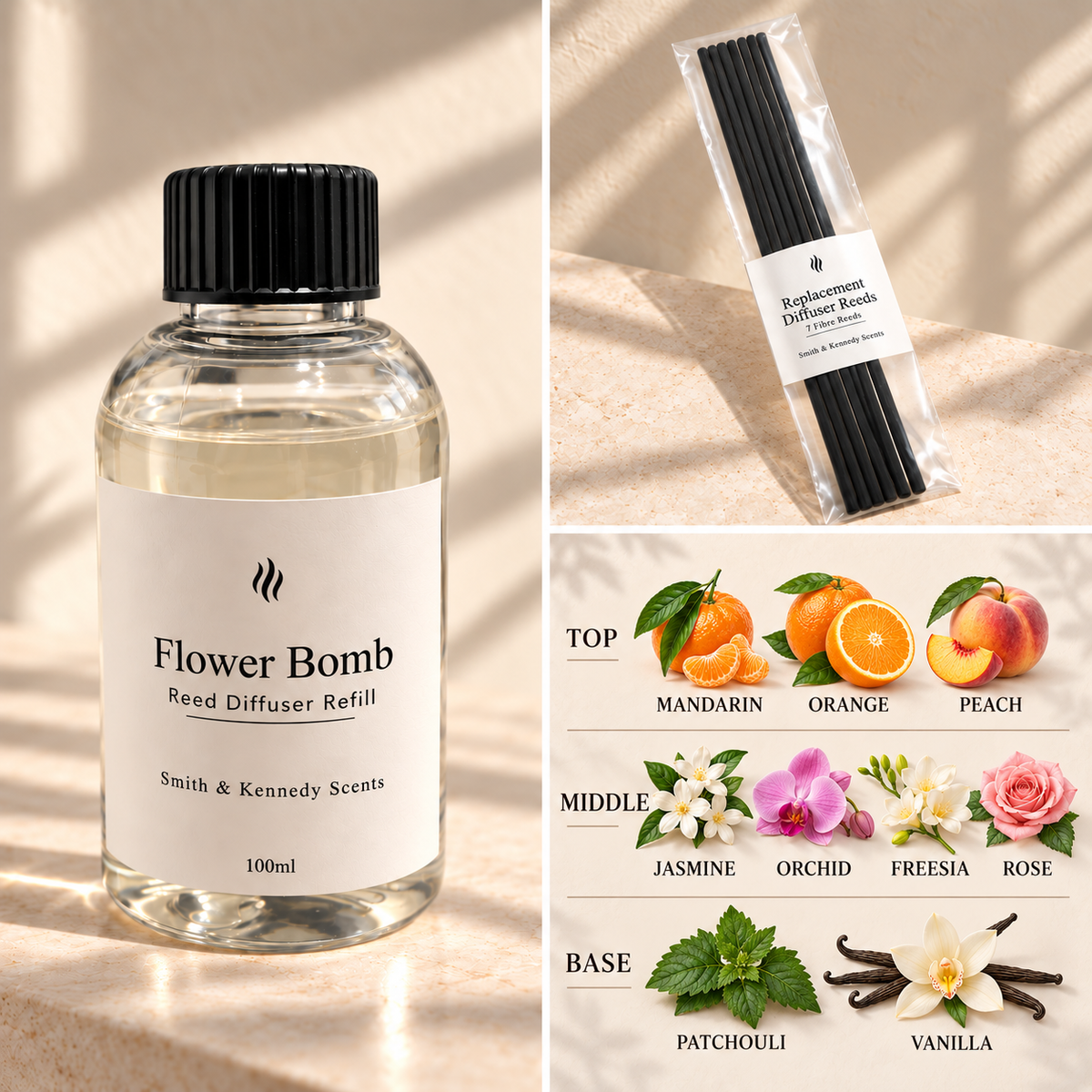 Flower Bomb 100ml reed diffuser refill bottle, included pack of 7 fibre reeds and fragrance notes