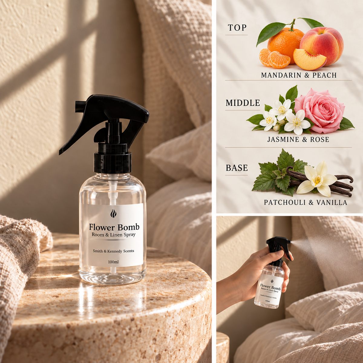 Flower Bomb Room & Linen Spray with mandarin, peach, jasmine, rose, patchouli and vanilla notes