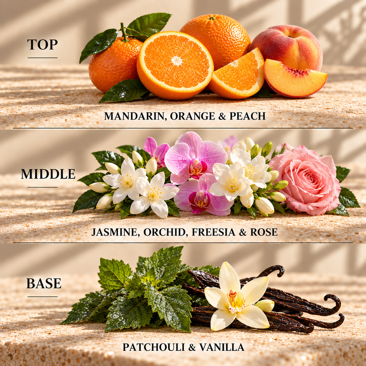 Top, middle and base scent notes for Flower Bomb perfume inspired wax melt by Smith &amp; Kennedy Scents