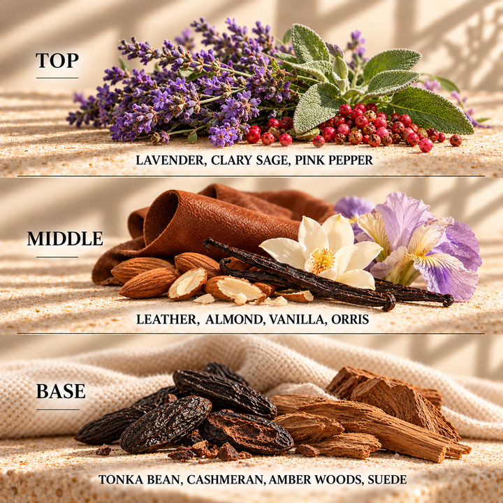 Top, middle and base scent notes for Forever Fabulous aftershave inspired wax melt by Smith &amp; Kennedy Scents