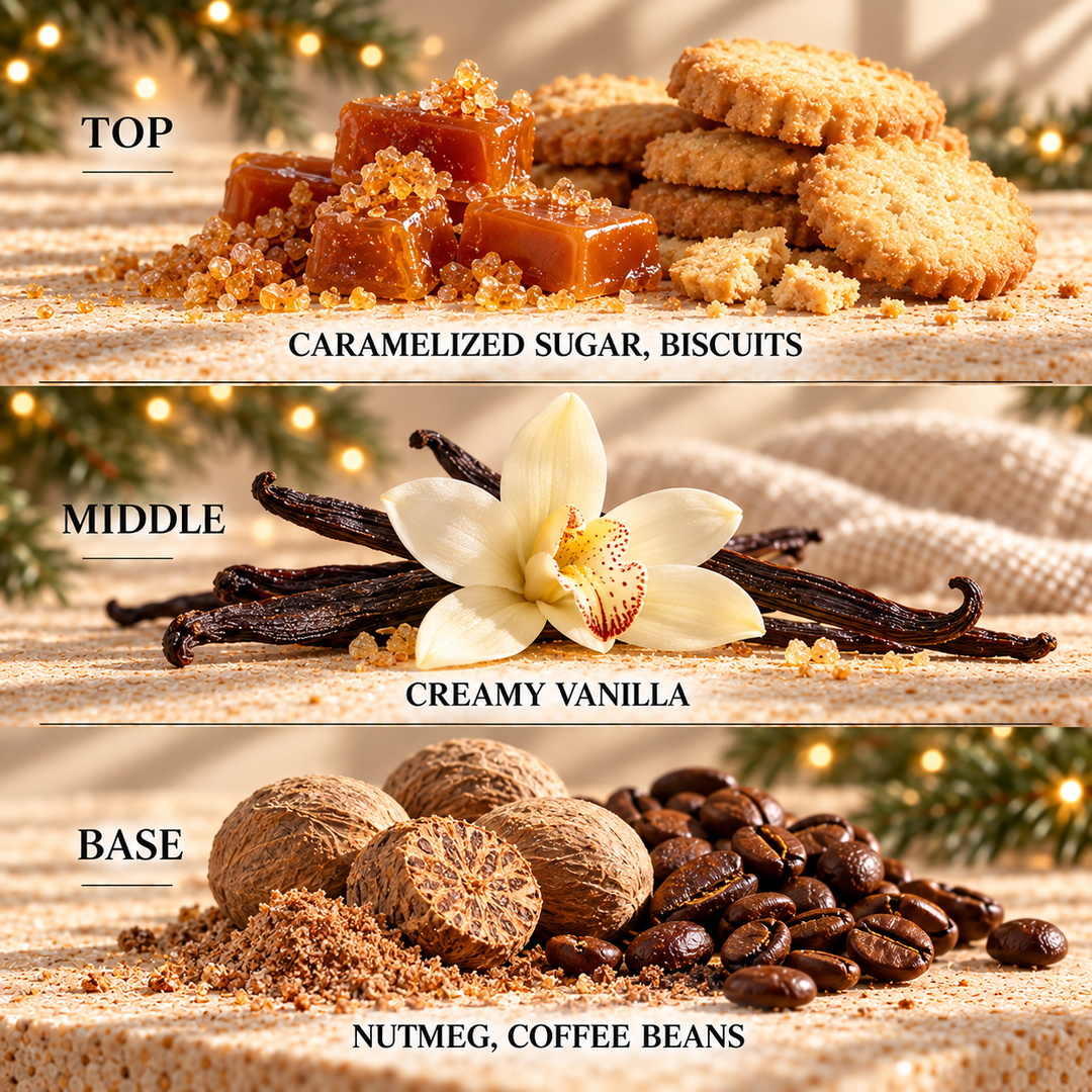 Fresh Baked Christmas Cookies fragrance notes: top Caramelized Sugar, Biscuits; middle Creamy Vanilla; base Nutmeg, Coffee Beans