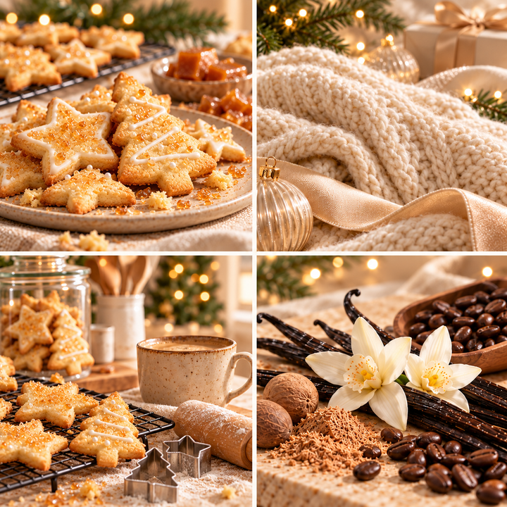 Fresh Baked Christmas Cookies moodboard with golden star and Christmas tree cookies, festive cutters, a flour-dusted worktop, steaming coffee, cream knitwear, vanilla and nutmeg.