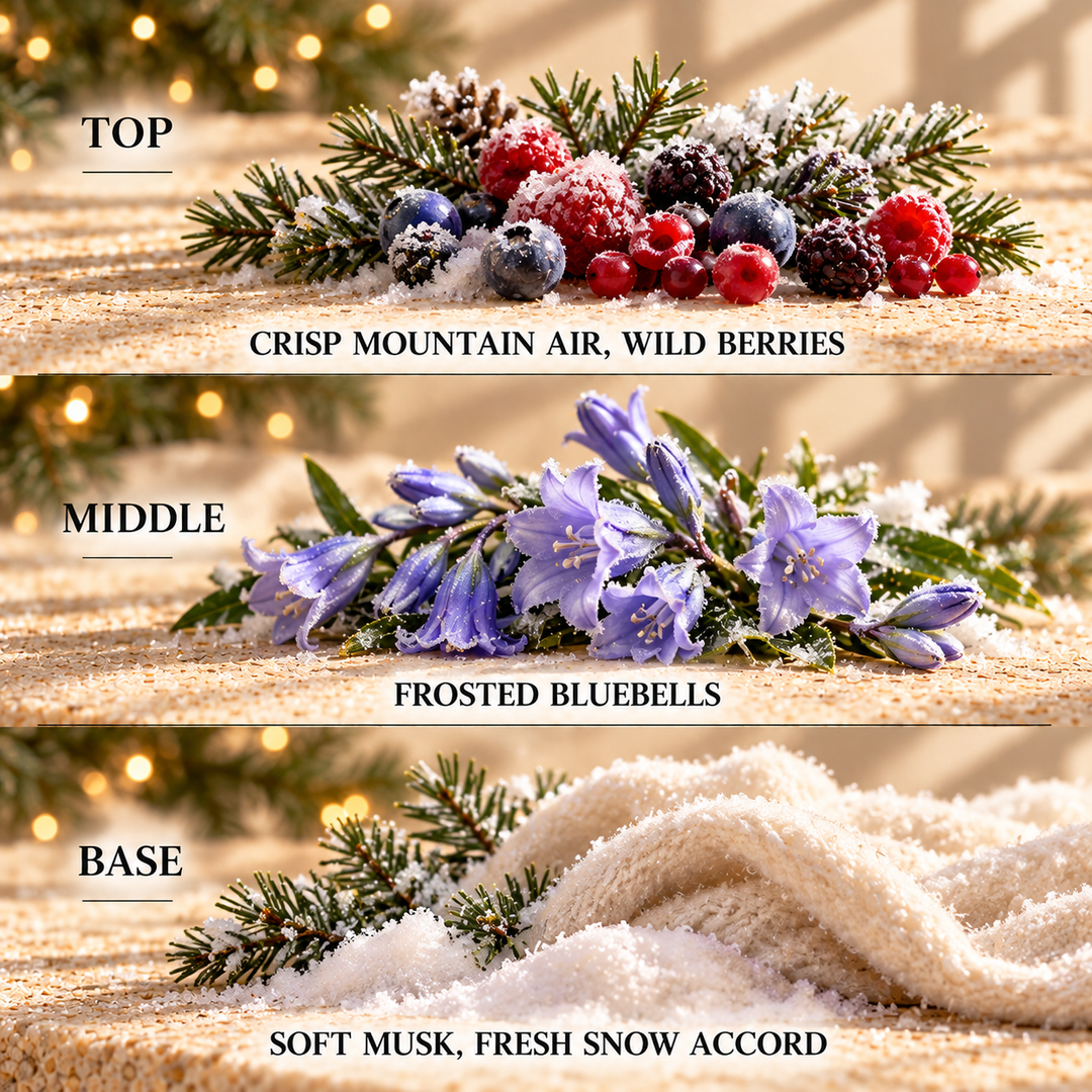Frosted Alpine Escape fragrance notes: top Crisp Mountain Air, Wild Berries; middle Frosted Bluebells; base Soft Musk, Fresh Snow Accord