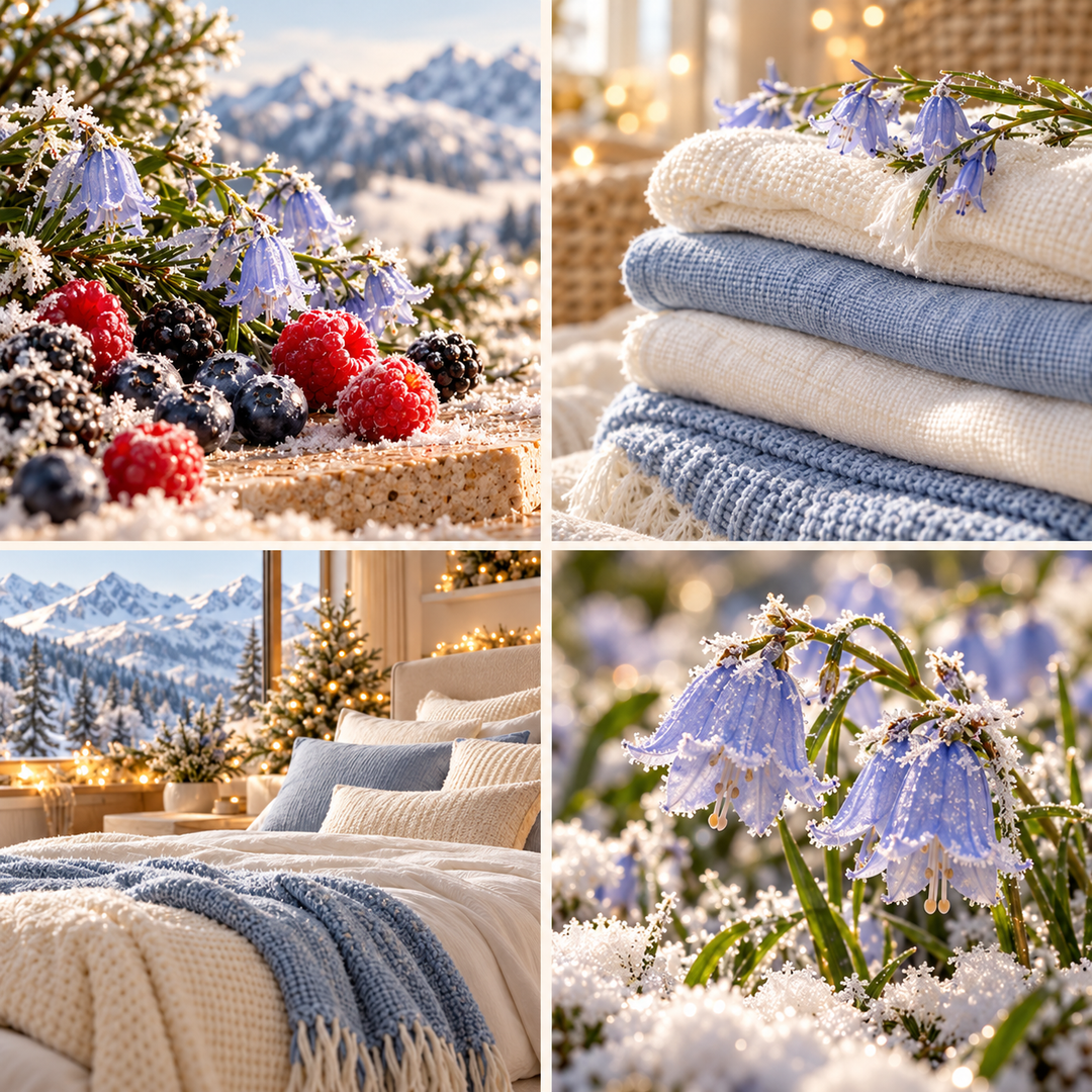Frosted Alpine Escape Christmas wax melt mood board with frosted bluebells, winter berries, blue and ivory linen and an alpine bedroom.
