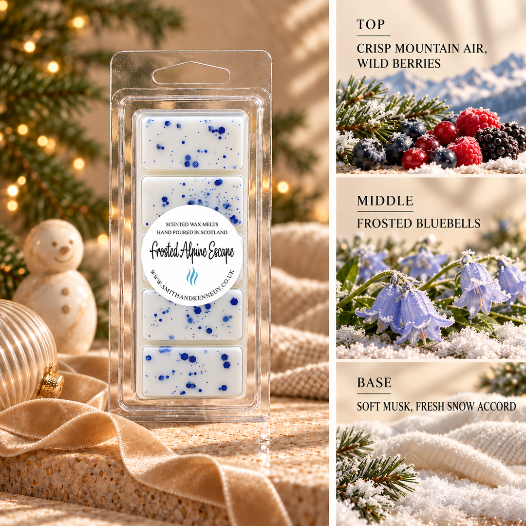 Frosted Alpine Escape Christmas wax melt snap bar by Smith &amp; Kennedy Scents with festive styling and fragrance notes
