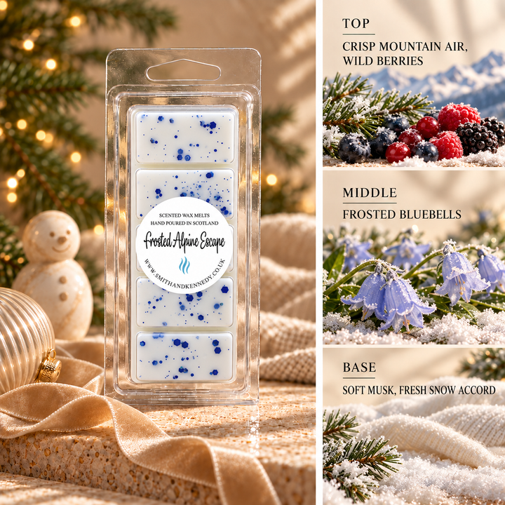 Frosted Alpine Escape Christmas wax melt snap bar by Smith &amp; Kennedy Scents with festive styling and fragrance notes