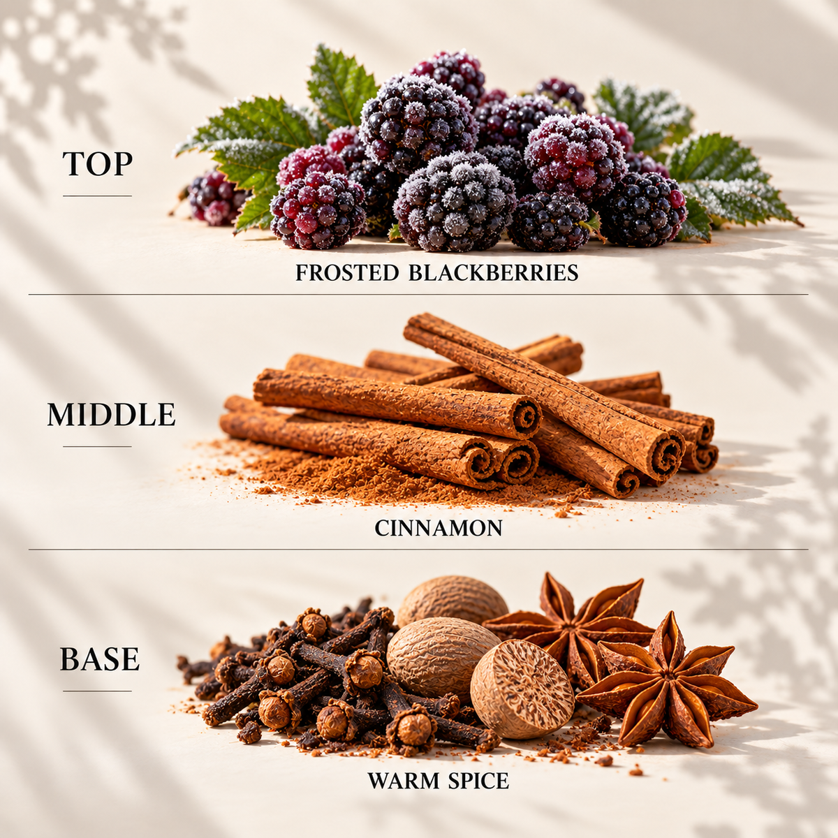 Top, middle and base scent notes for Frosted Blackberry & Cinnamon autumn inspired wax melt by Smith & Kennedy Scents