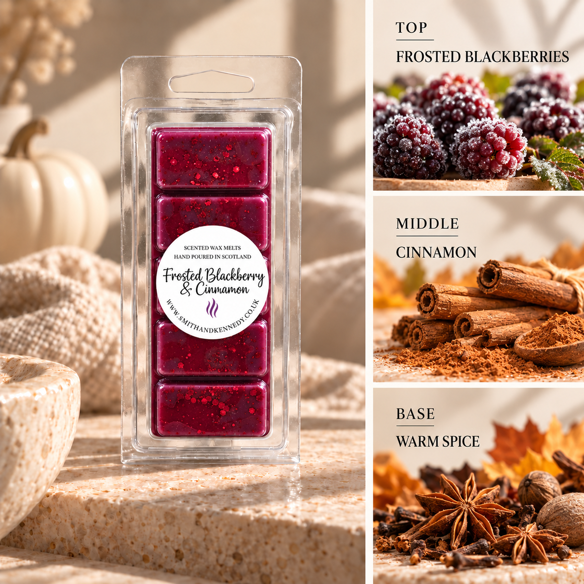 Frosted Blackberry & Cinnamon autumn inspired wax melt snap bar by Smith & Kennedy Scents