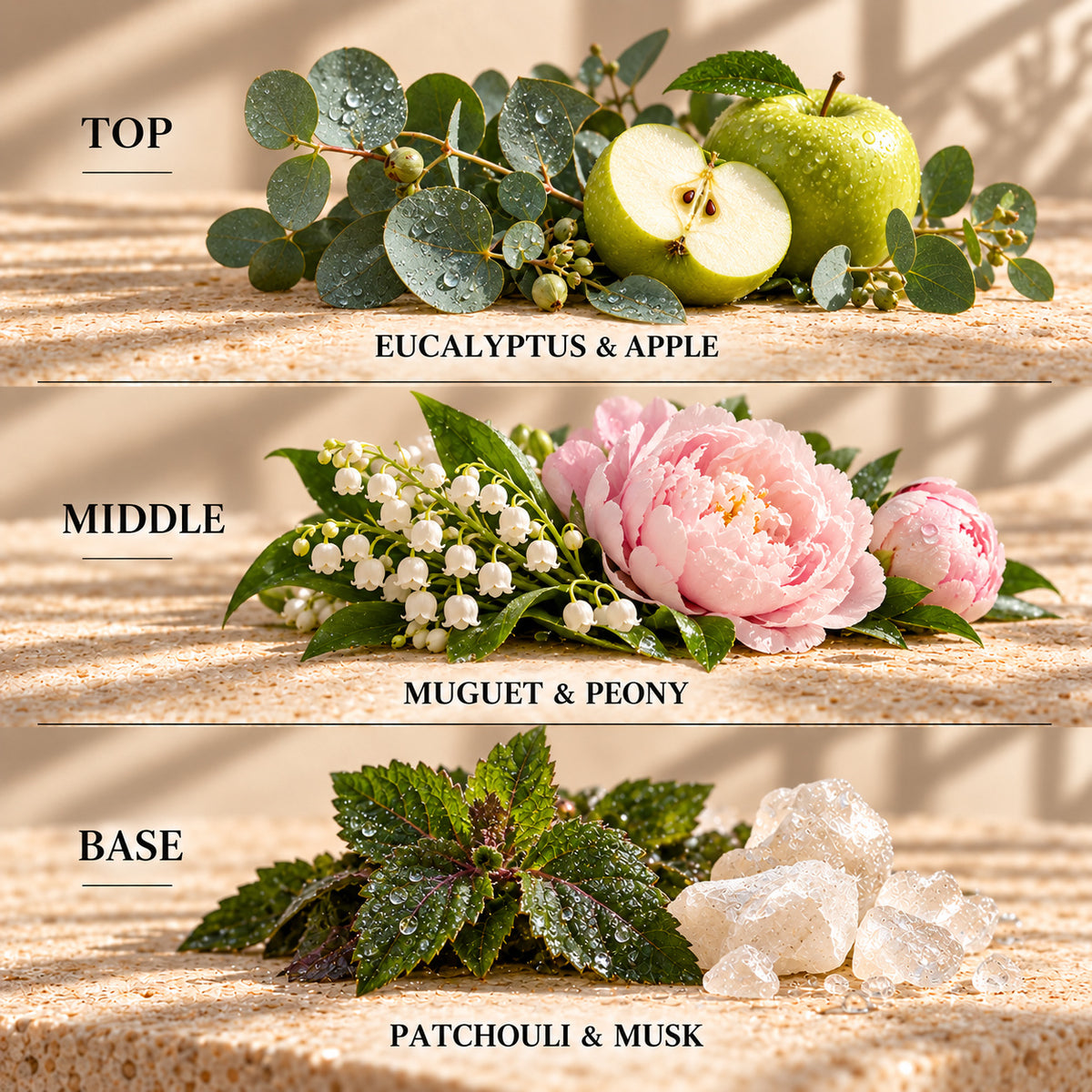 Top, middle and base scent notes for Frosted Eucalyptus laundry inspired wax melt by Smith & Kennedy Scents