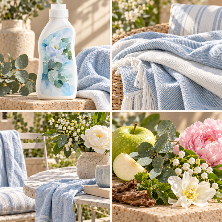 Frosted Eucalyptus wax melt mood board with a pale fabric conditioner bottle, eucalyptus and icy blue laundry.