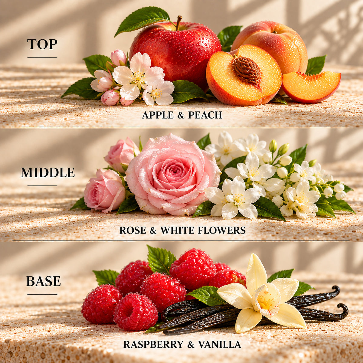 Top, middle and base scent notes for Frosted Rose Wonderland laundry inspired wax melt by Smith & Kennedy Scents