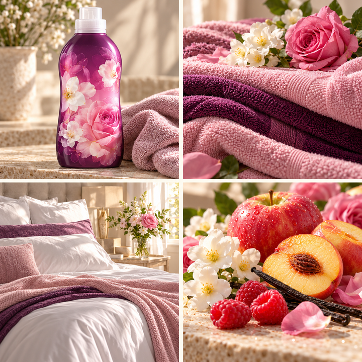 Frosted Rose Wonderland wax melt mood board with a purple fabric conditioner bottle, roses and purple textiles.