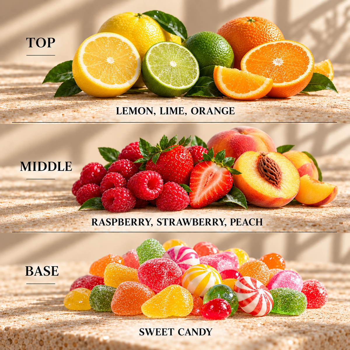 Top, middle and base scent notes for Fruit Salad sweet inspired wax melt by Smith & Kennedy Scents