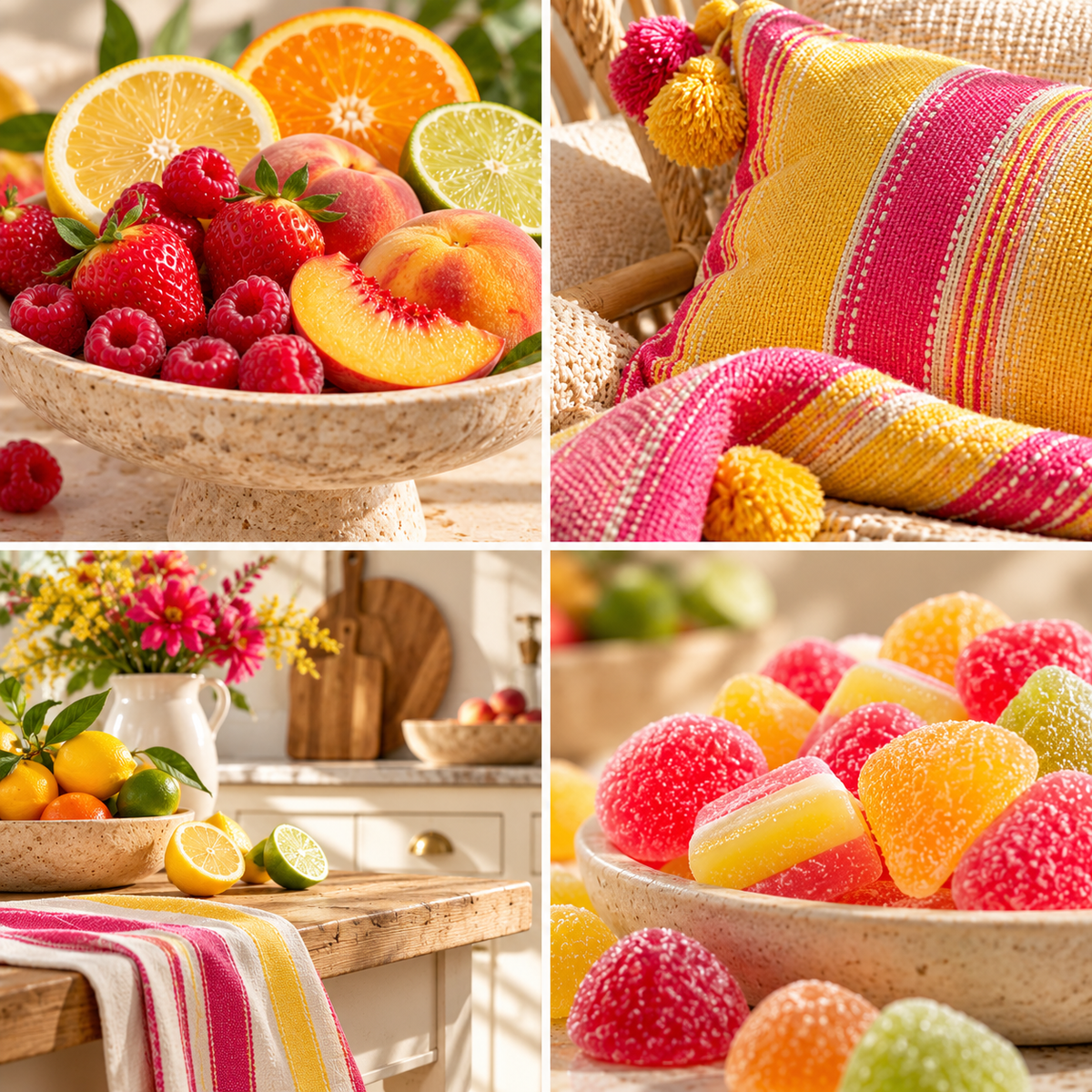Fruit Salad wax melt mood board with colourful fruit, striped textiles, a bright kitchen and fruit sweets.