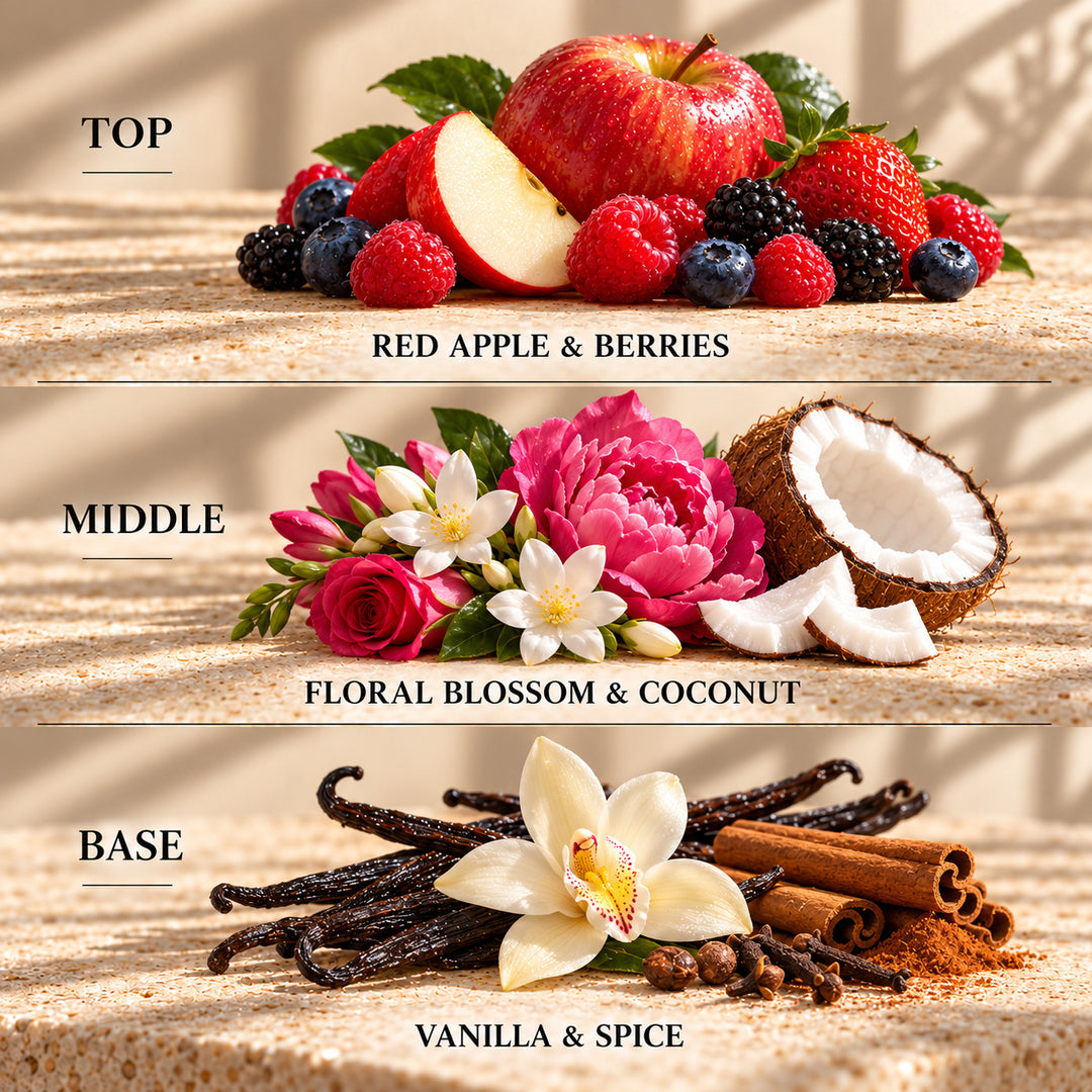 Top, middle and base scent notes for Fuchsia Passion laundry inspired wax melt by Smith &amp; Kennedy Scents