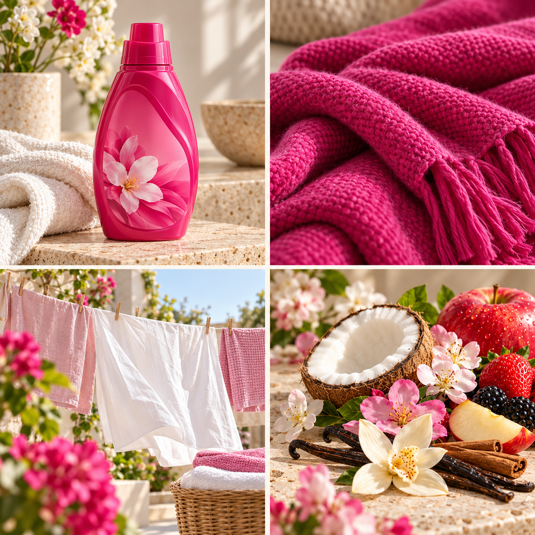 Fuchsia Passion wax melt mood board with a fuchsia fabric conditioner bottle, bright flowers and soft laundry.