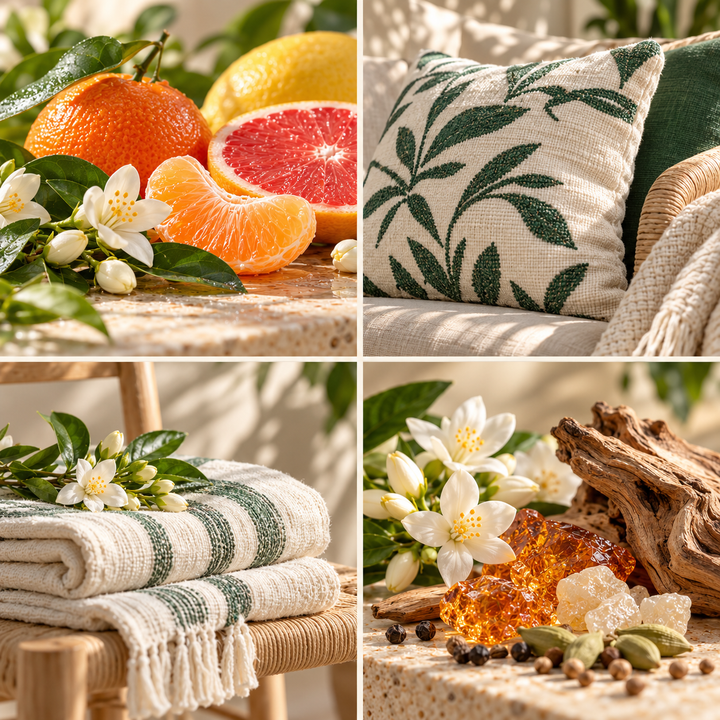Garden Of Zen wax melt mood board with citrus, green patterned cushions, white towels and warm woody notes.