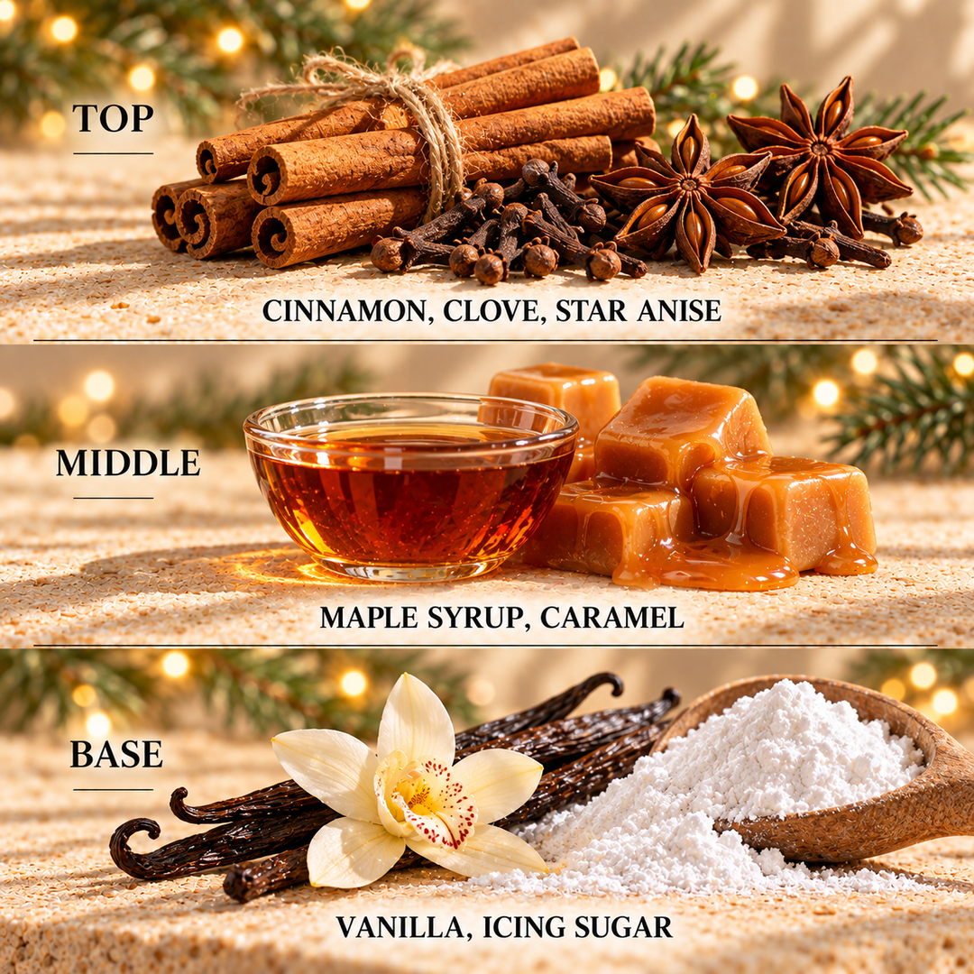 Gingerbread fragrance notes: top Cinnamon, Clove, Star Anise; middle Maple Syrup, Caramel; base Vanilla, Icing Sugar