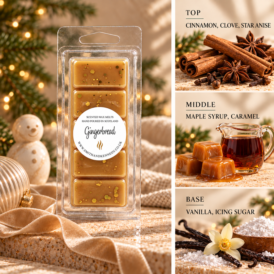 Gingerbread Christmas wax melt snap bar by Smith &amp; Kennedy Scents with festive styling and fragrance notes