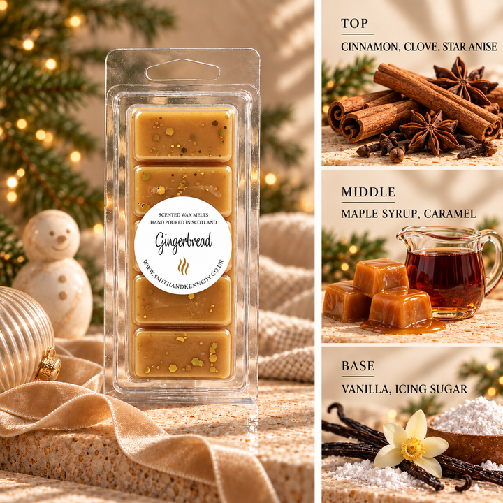 Gingerbread Christmas wax melt snap bar by Smith &amp; Kennedy Scents with festive styling and fragrance notes