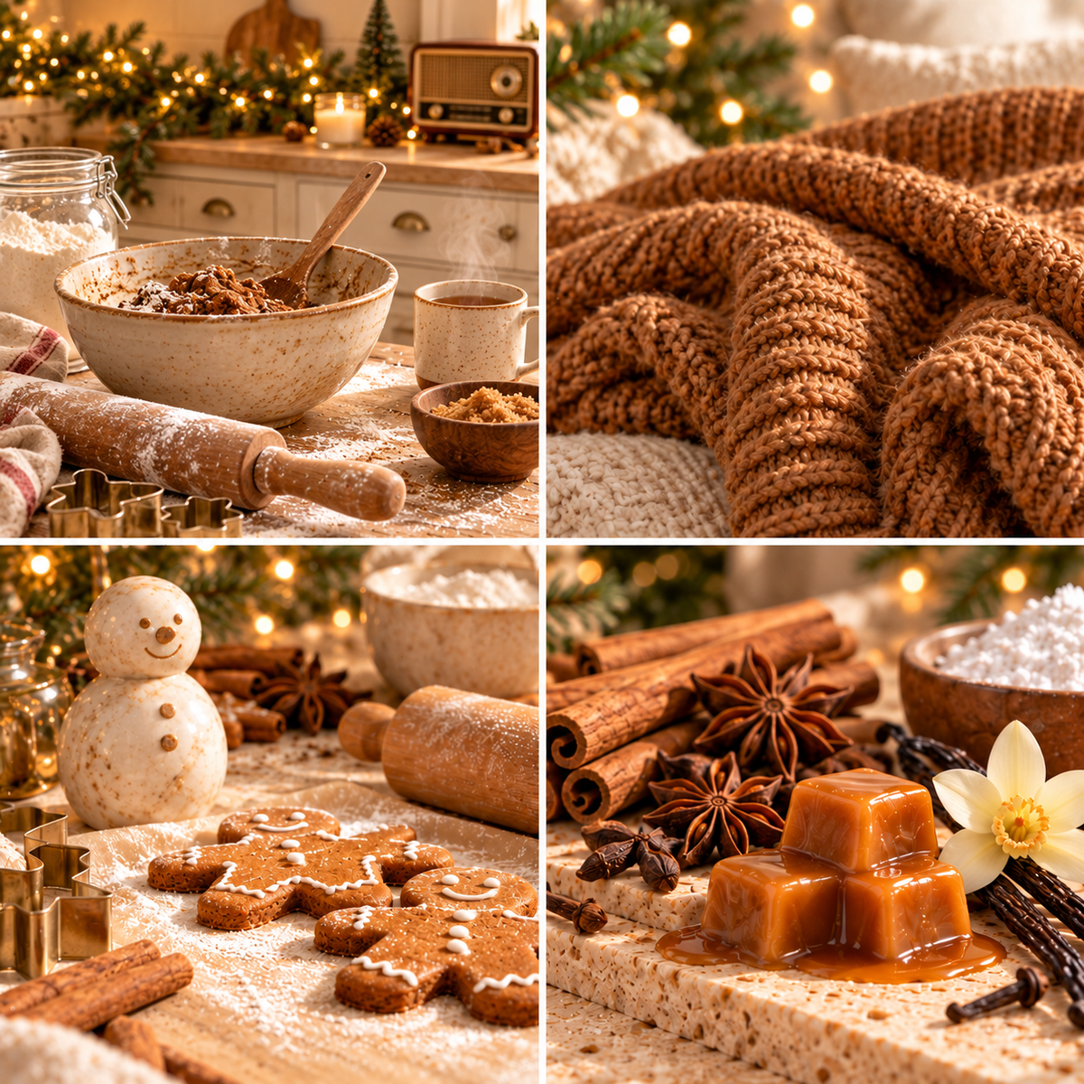 Gingerbread Christmas moodboard with iced gingerbread men, a cosy festive kitchen, baking ingredients, steaming tea, vintage radio, warm knitwear and spices.