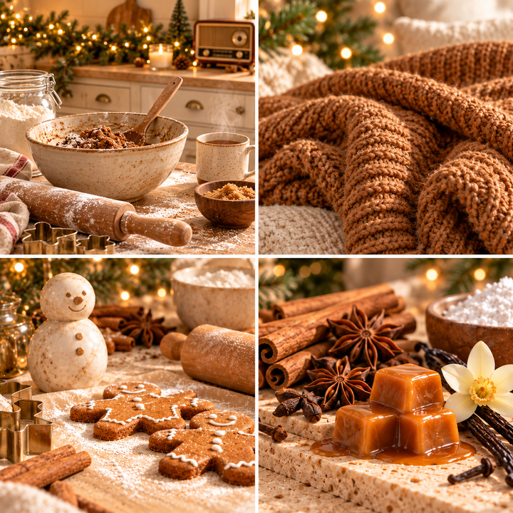 Gingerbread Christmas moodboard with iced gingerbread men, a cosy festive kitchen, baking ingredients, steaming tea, vintage radio, warm knitwear and spices.