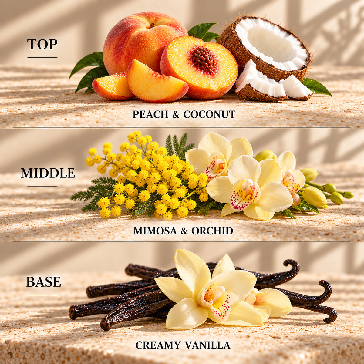 Top, middle and base scent notes for Golden Orchid laundry inspired wax melt by Smith & Kennedy Scents