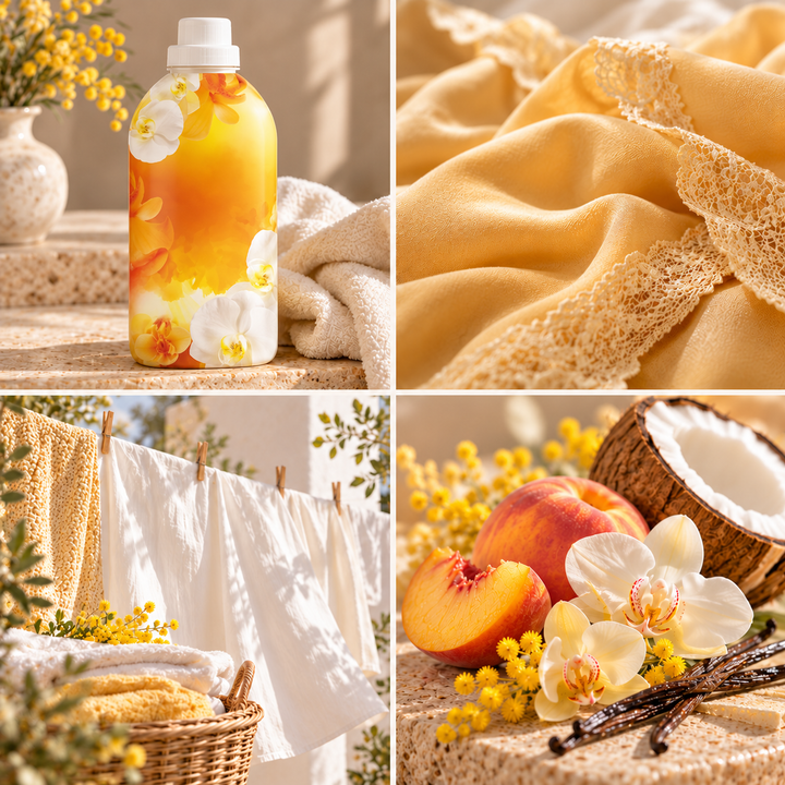 Golden Orchid wax melt mood board with a golden fabric conditioner bottle, creamy textiles and orchids.