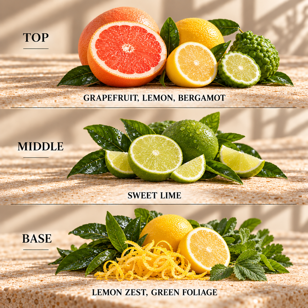 Top, middle and base scent notes for Grapefruit & Lemon fruity inspired wax melt by Smith & Kennedy Scents