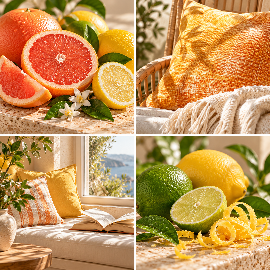 Grapefruit &amp; Lemon wax melt mood board with grapefruit, lemon, yellow cushions and a sunlit reading corner.